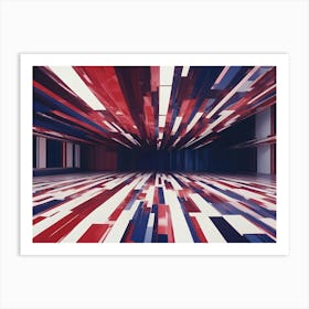 A Long, Dark Corridor With Red, White, And Blue Geometric Lines Extending Into The Distance, Creating A Sense Of Depth And Perspective Art Print