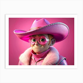 3d Cartoon Character Wearing A Pink Cowboy Hat, Pink Sunglasses, And A Fur Trimmed Jacket Art Print