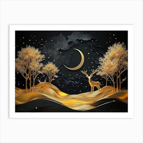 Golden Deer In The Night Sky Art Print