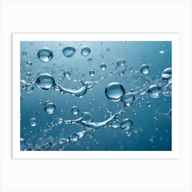 A Close Up Shot Of Water Droplets And Splashes On A Blue Background, Creating A Sense Of Movement And Energy Art Print