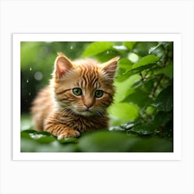 Kitten hiding behind green leaves In The Rain Art Print