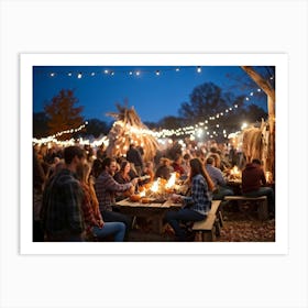 Autumn Festival Illuminated By String Lights Rustic Decorations Such As Dried Corn Husks Pumpkin A (6) Art Print