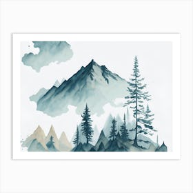 Mountain And Forest In Minimalist Watercolor Horizontal Composition 187 Art Print