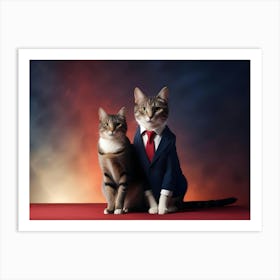 Two Cats, One Wearing A Blue Suit And Red Tie, Posing Seriously On A Red Surface Against A Dramatic Red And Blue Background Art Print