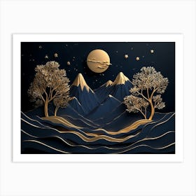 3d Modern Art with Dark Blue and Golden Wave Landscape Art Print