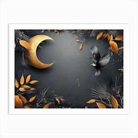 Golden Leaves And Birds On A Black Background Art Print