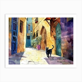 Alexandria, Egypt   Black Cat In Street Art Watercolour Painting 4 Art Print