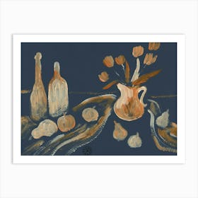 Tulips And Bottle - gray beige still life hand painted floral food kitchen art dining Art Print