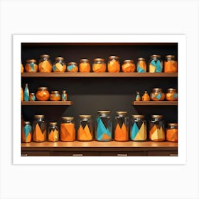 A Still Life Image Of A Wooden Shelf Filled With Glass Jars Art Print