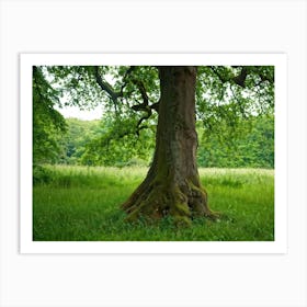 A Diligently Thriving Oak Tree Sprouting Mightily Against The Backdrop Of A Verdant Forest Its Stur Art Print