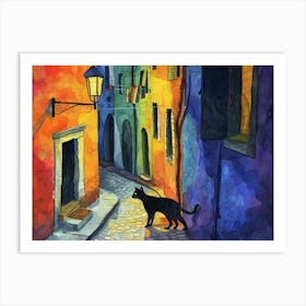 Black Cat In Ravenna, Italy, Street Art Watercolour Painting 1 Art Print