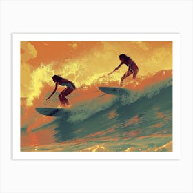 Two Surfers Riding A Wave Art Print