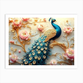 3d Art Peacock Illustration Background With Golden Jewelry And Flowers 1 Art Print