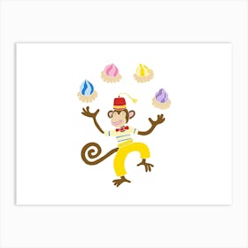 Monkey Juggling Ice Gems, Fun Circus Animal, Cake, Biscuit, Sweet Treat Print, Landscape Art Print