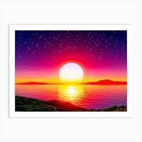 An Ultra Clear Digital Render Of The Setting Sun Hanging Low On The Horizon Drawn With Vibrant Saff (1) Art Print