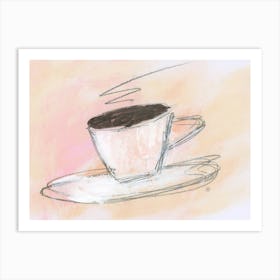 White Cup Of Coffe On Peach And Pink - beige kitchen cafe light hand drawn Art Print