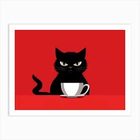 Black Cat With A Cup Of Coffee Art Print