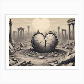 A Conceptual Image Of A Broken Heart In A Field Of Ruins, Symbolizing Heartbreak, Loss, And Devastation Art Print