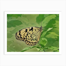 Paper Kite Butterfly in a Green Haven. A graceful paper kite butterfly rests delicately on a leaf, showcasing its elegant black-and-white patterned wings. The serene green background enhances the butterfly's intricate design, creating a tranquil natural scene. Art Print