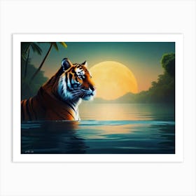 A Tiger Watching Prey From Water in Photo Realistic Paint Art Art Print