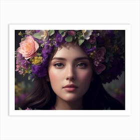 Girl Wearing A Floral Crown On Her Head Art Print