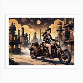 Steampunk Girl On A Motorcycle 1 Art Print