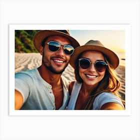 Happy Couple Taking Selfie On The Beach Art Print