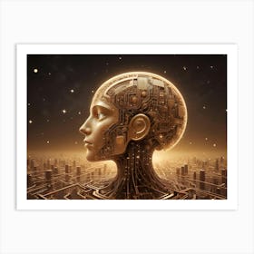 A Golden, Robotic Head With Intricate Circuitry Is Shown Against A Starry Backdrop, Suggesting Artificial Intelligence Or A Technological Evolution Art Print