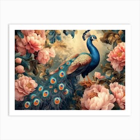 Seamless Floral Leather And Peacock Art Exotic Oriental Design Art Print