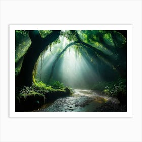 A Winding Path Carved Through An Ancient Forest Lush Greens Enveloping The Trail A Solitary Tree W (6) Art Print