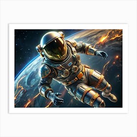 Astronaut Floating In Space With Earth In Background Art Print