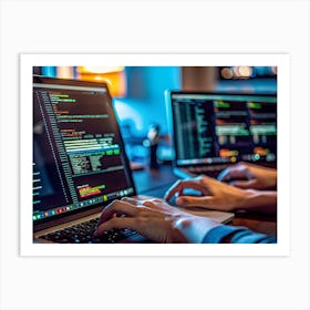 Two Hands Are Typing On Laptops With Code Displayed On The Screens, Illuminated By A Blue Light Art Print