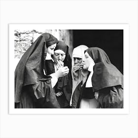 Nuns Smoking, Funny Black and White Old Photo Art Print