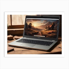 A Laptop With A Warm, Wood Toned Desktop Setting, Featuring A Mountain Landscape And A Cozy Cabin Art Print