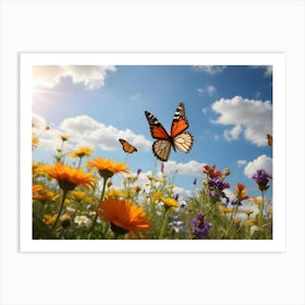 Vibrant Meadow With Colorful Wildflowers And Monarch Butterflies Fluttering Under A Sunny Sky With Fluffy White Clouds Art Print