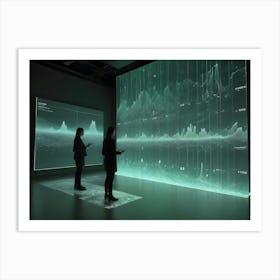 Two Women Are Standing In A Dark Room, Looking At A Large Screen That Displays Abstract, Green Data Visualizations Art Print