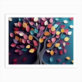 Colorful Tree with Leaves on Hanging Branches of Blue, White and Golden Art Print