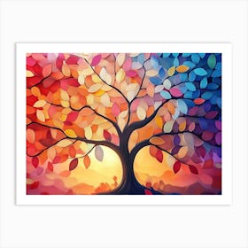 Colorful Tree With Vibrant Leaves Hanging Branches Illustration Background Art Print