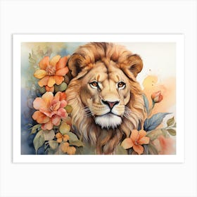 Lion Floral Wild Life Watercolor Art Print