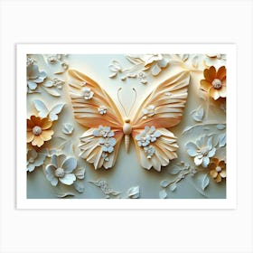 Beautiful 3d Butterfly With Flowers Art Print