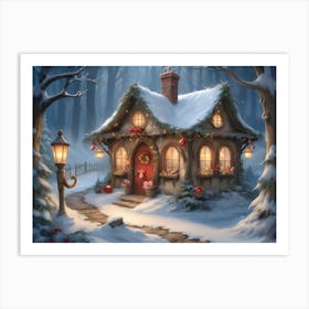 Christmas Cottage In The Woods Fantasy Art Art Print