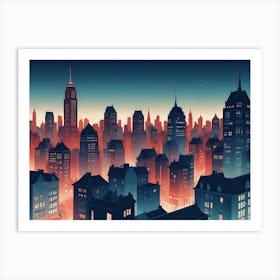 Digital Art Of A City Skyline At Night, With Buildings Lit By Warm, Glowing Lights Art Print