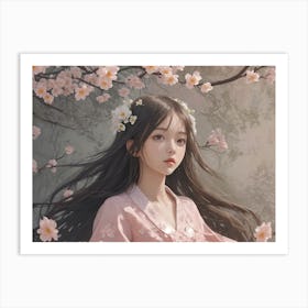 Asian Girl In Cherry Blossoms Art Print