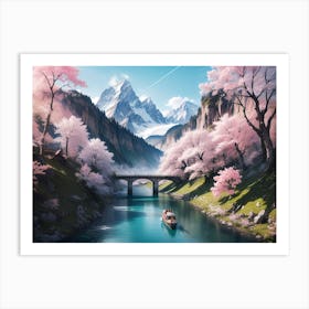 Mountain River with Cherry Blossom and Alps view #7 - Oil Painting Art Print