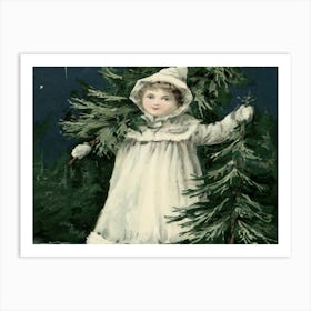 Little Girl Holding Christmas Tree Art Print