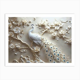 Majestic White Peacock with Floral Accent On 3d Art Print