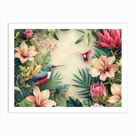 Tropical Background With Birds And Flowers Poster