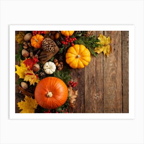 Autumn Themed Table Decor Featuring An Assortment Of Yellow And Orange Leaves Acorns Amidst A Garde (5) Art Print