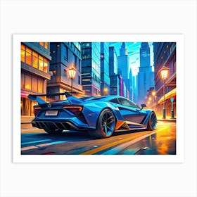 Blue Sports Car Driving On A City Street At Night Art Print