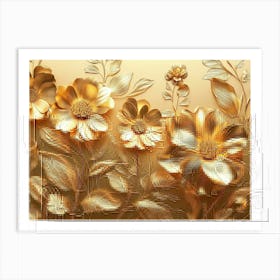 Golden Floral Background, Gold Flowers, 4k Abstract Vintage Flower Design, Artwork Gold Luxury Art Print